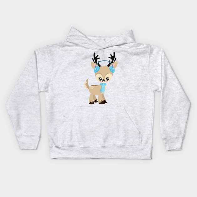 Christmas Reindeer, Cute Reindeer, Blue Scarf Kids Hoodie by Jelena Dunčević